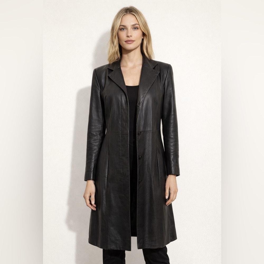 Vakko Long Black Leather Women's Trench Coat